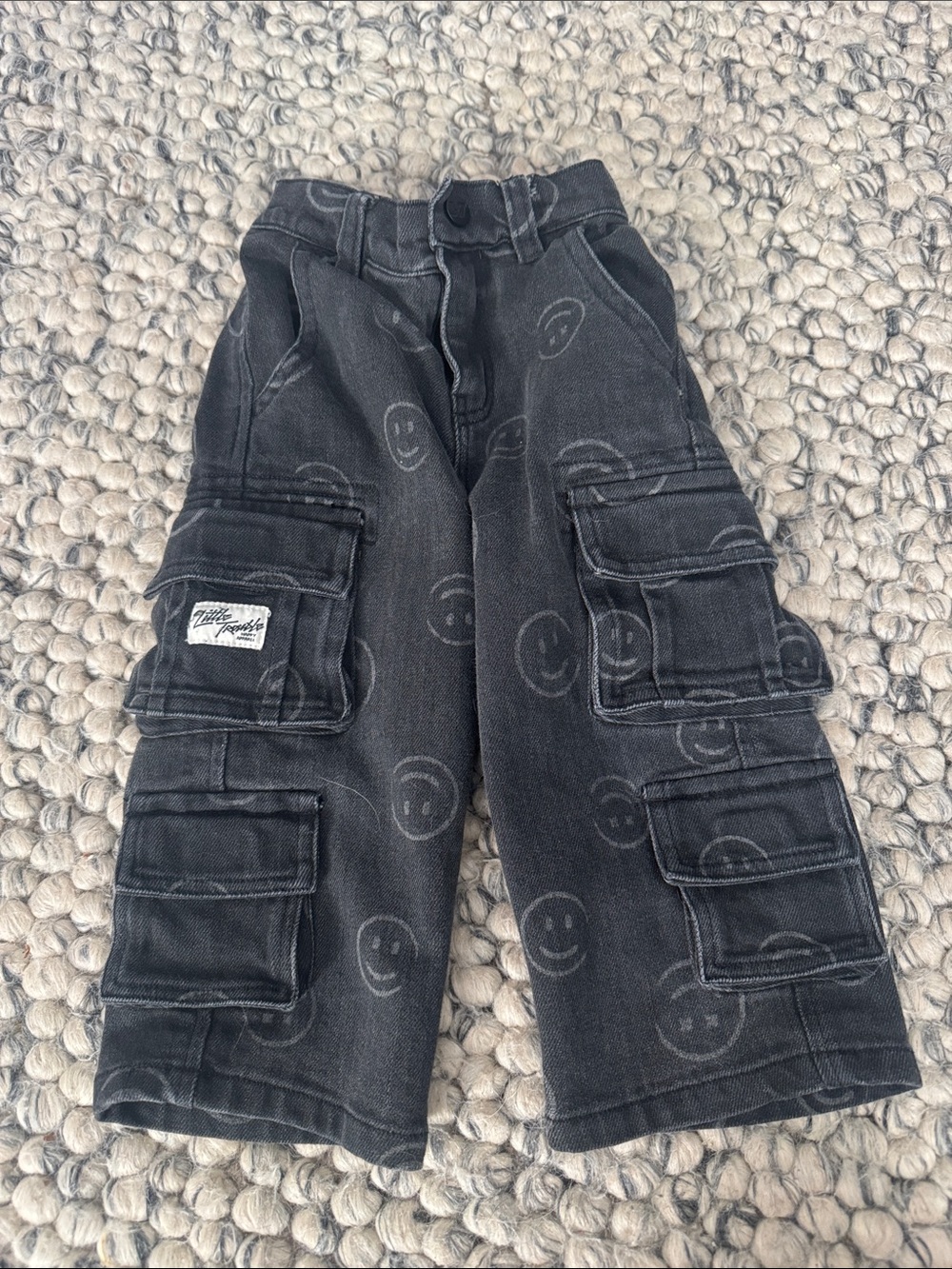 Kids Black Cargo Jeans with Smiley Print - Unknown Brand